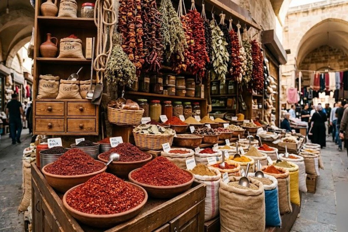 Baharat çarşısında kurutulmuş kırmızı biberler ve pul biber tezgahı