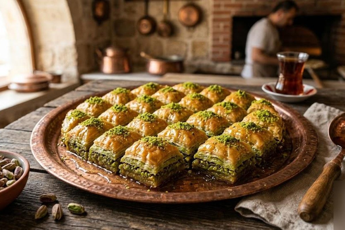 Bakır tepside fıstıklı Antep baklavası ve çay