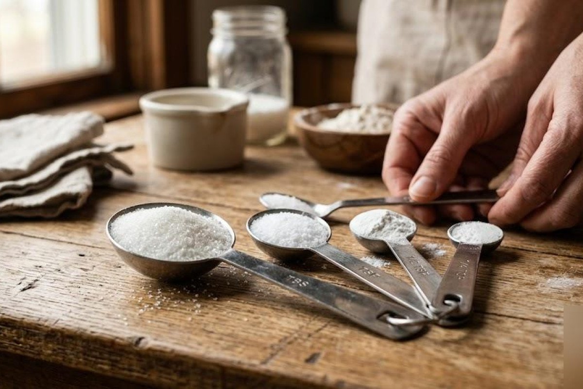 Şeker, tuz ve kabartma tozu dolu standart ölçü kaşıkları