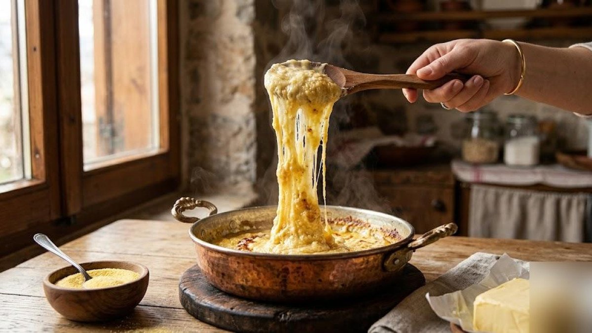 Bakır tavada tel tel uzayan kuymak, tahta kaşıkla kaldırılıyor
