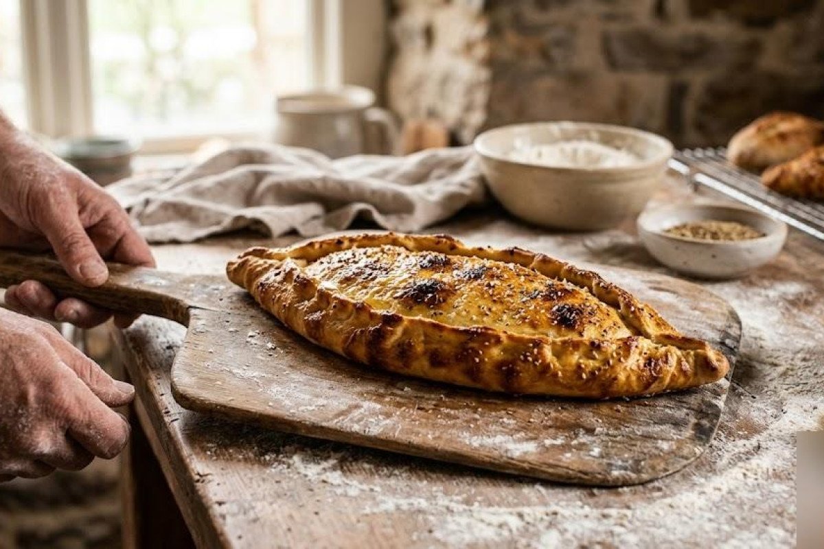 Fırından yeni çıkmış kapalı Trabzon pidesi tahta kürek üzerinde