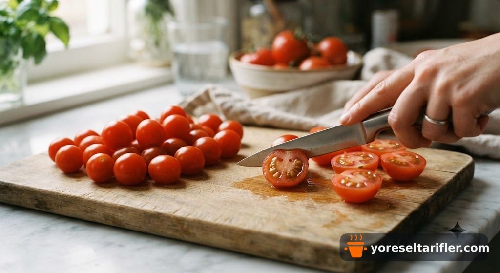 Antep Fıstıklı Kiraz Domates Salatası Tarifi — Adım 1