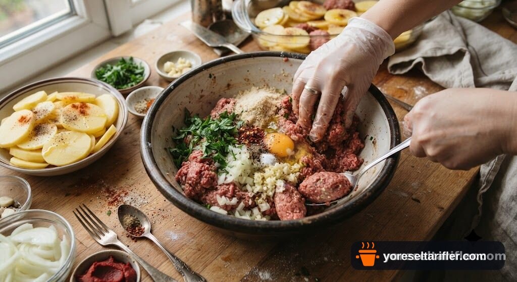 Fırında Kızarmış Köfteli Patates Dizme Tarifi — Adım 1