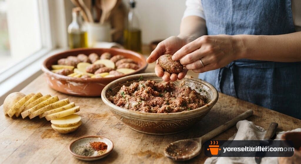 Fırında Kızarmış Köfteli Patates Dizme Tarifi — Adım 3