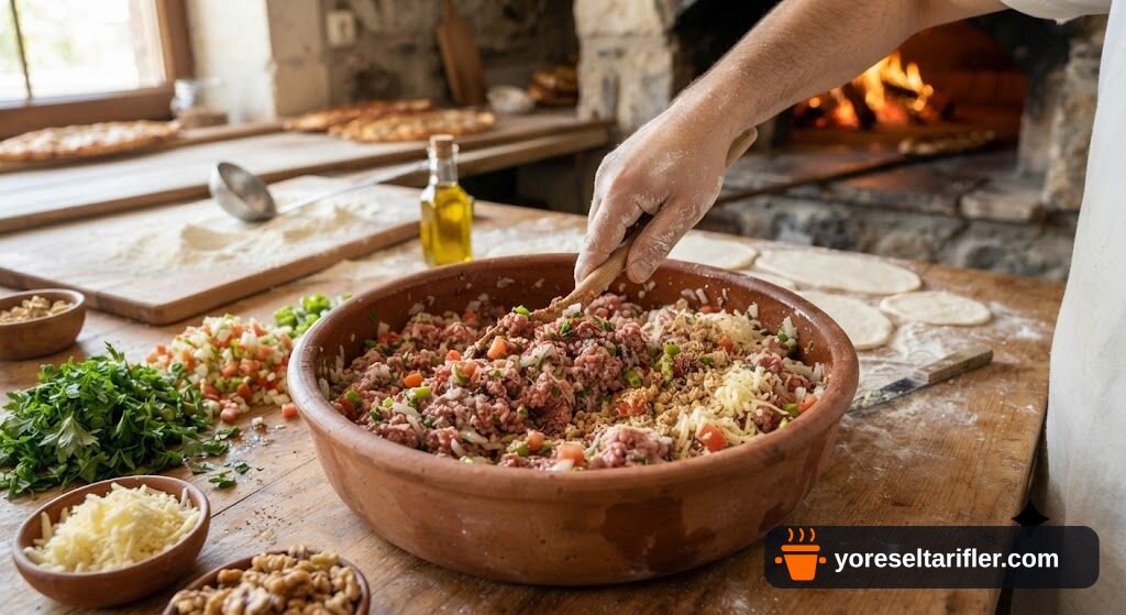 Kıymalı Kaşarlı Pideyi Fırında Ceviz Kırıntısıyla Tarifi — Adım 1