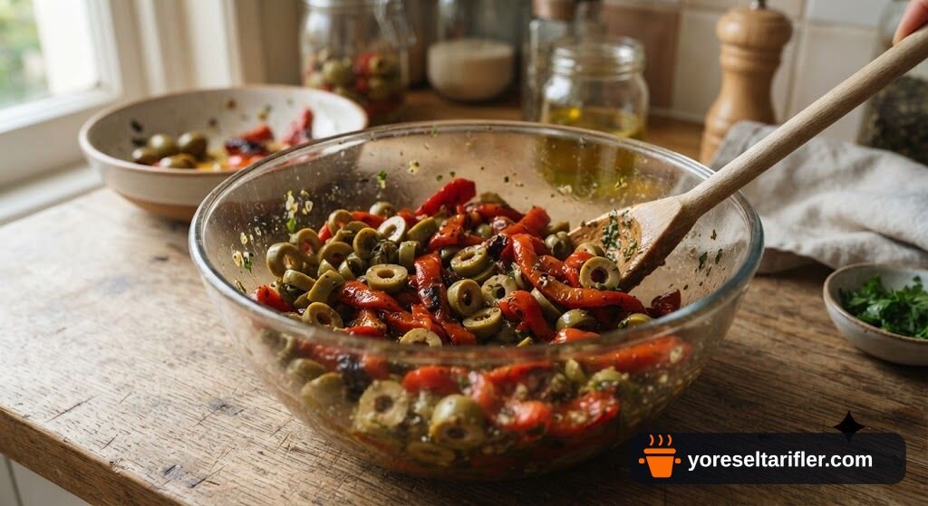 Közlü Biberli Yeşil Zeytin Salatası Tarifi — Adım 1