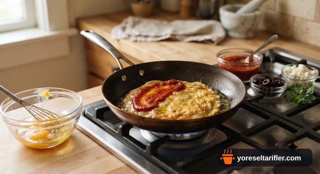 Omlet Üzerine Soslu Zeytinli Pizza Tarifi — Adım 1