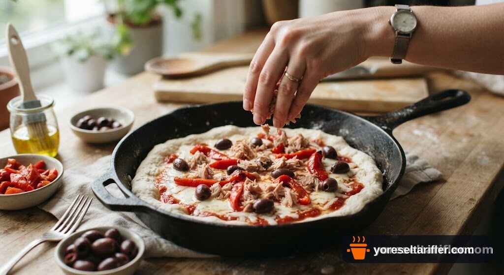 Ton Balıklı Döküm Tavada Pizza Tarifi — Adım 8